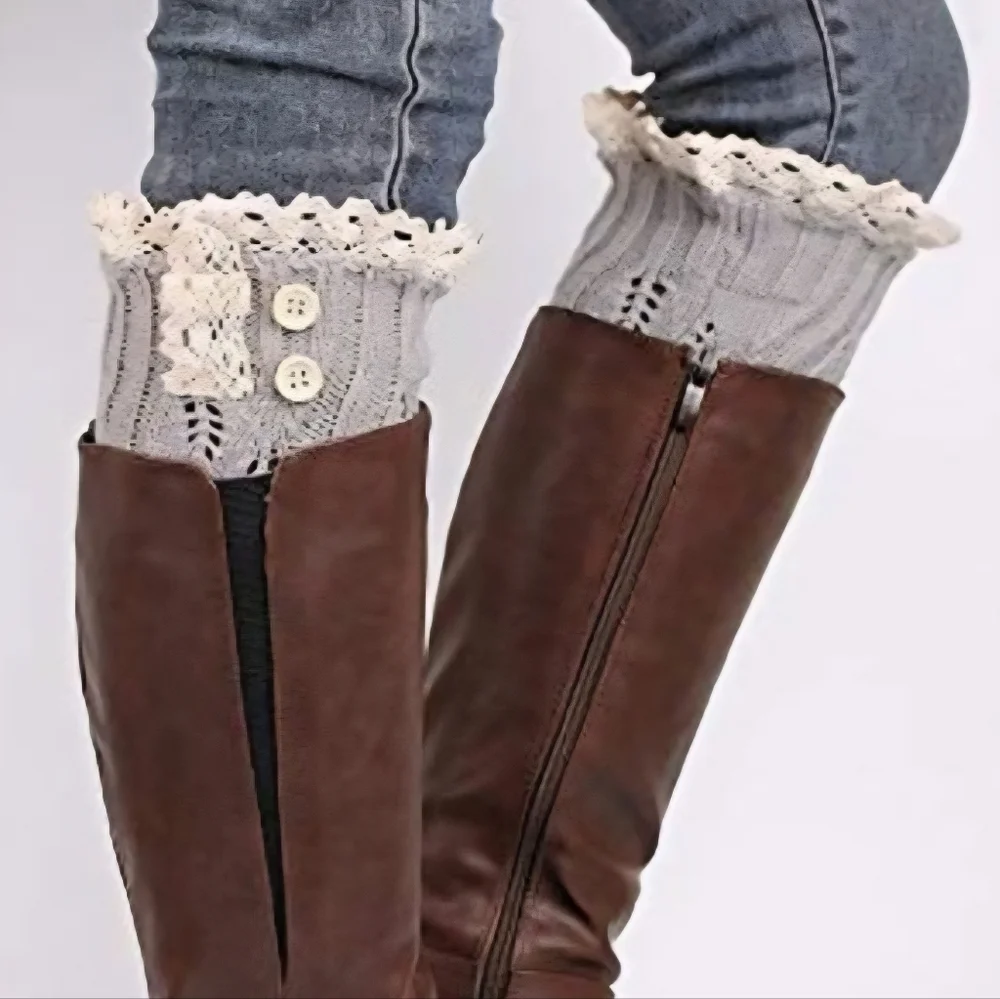 Girly Knit Lace Trim Boot Topper Boot Cuff Gray